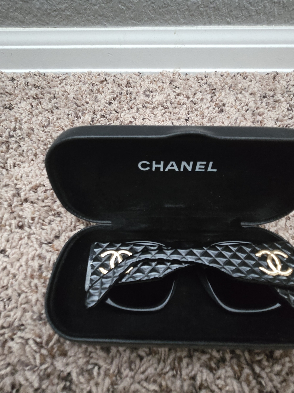 CHANEL Black Quilted Frame Sunglasses with Gold CC Logos